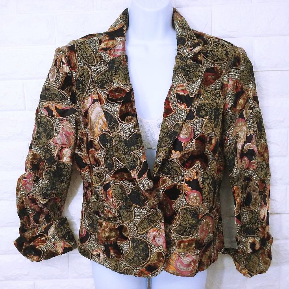 Vintage 90s Boho Chic NYC-USA Patchwork Blazer Silk Novelty Jacket -12 Abstract
